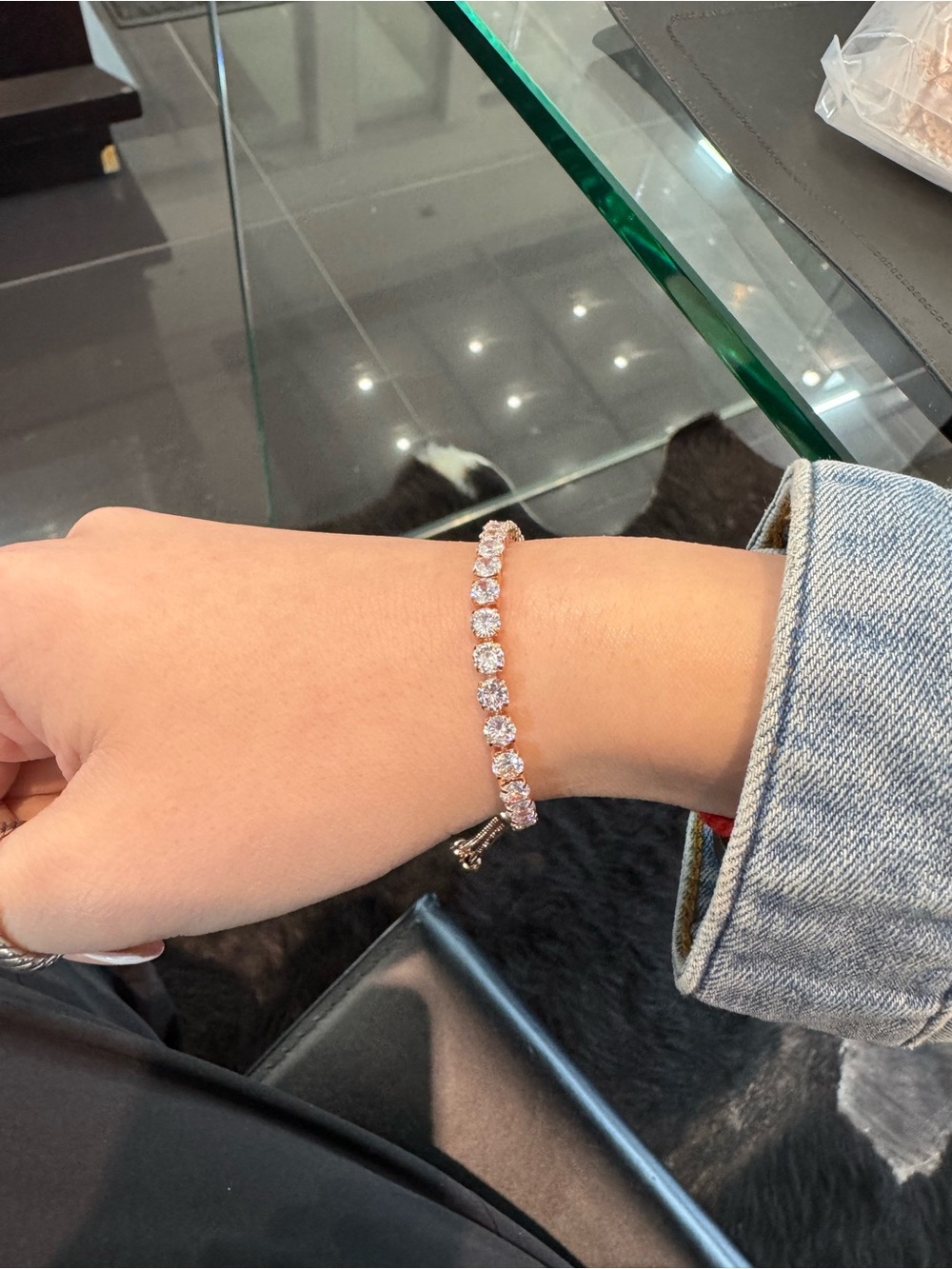 New Sparkling Rhinestone Tennis Bracelet - Rose Gold Tone Stainless Steel.